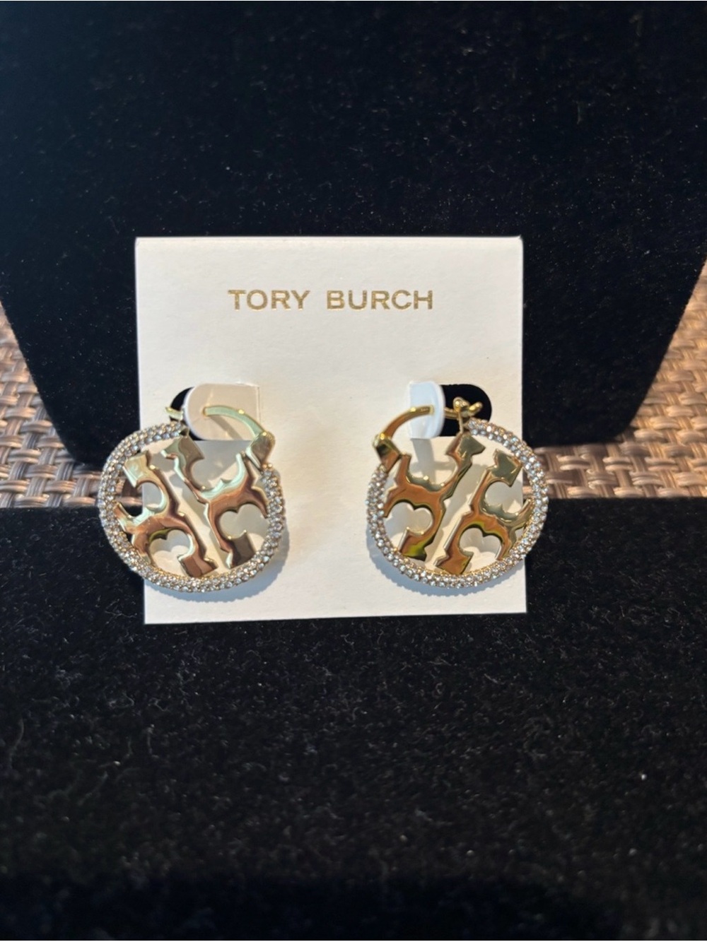 Tory Burch Gold Logo Crystal-Trim Round Drop Earrings